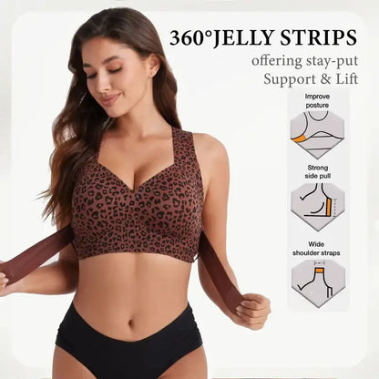 Women'S Wirefree Posture Shaping Sports Bra - Animal Print V-Neck, Breathable Mesh, Removable Pads, Gentle Support, Machine Washable, Workout Bralette, Soft Comfortable Unlined, Push Up, for Yoga & Gym